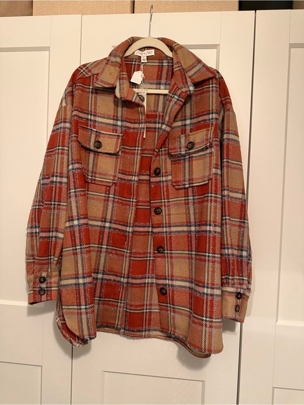 Plaid Button-Up Shacket in Rust & Tan